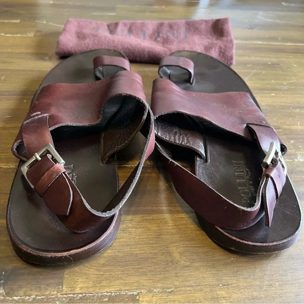 Pollini Men’s Leather Sandals Toe Ring Jesus Jerusalem Dark Brown Dust Bag